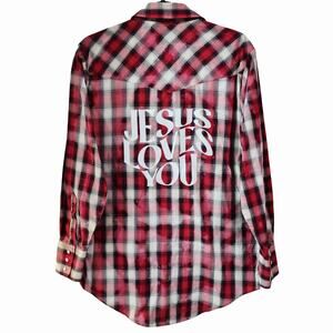 Jesus Loves You Custom Christian Upcycled Plaid Western Snap Button Shirt, S